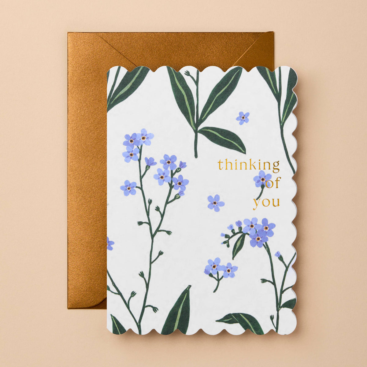 Thinking of You forget-me-not floral card with gold foil