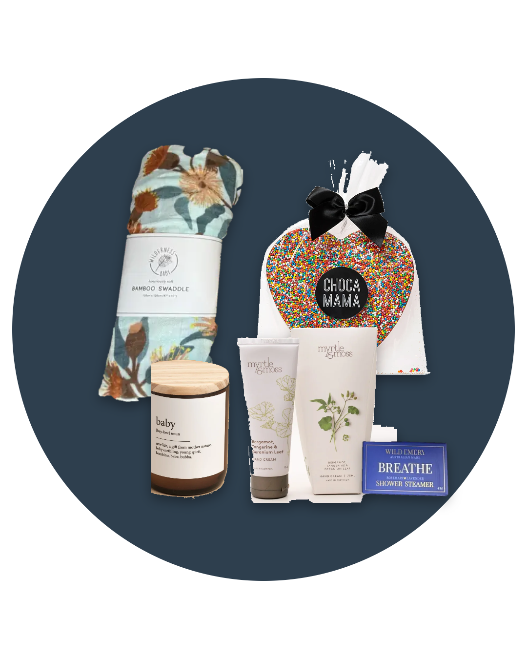 Hello Baby gift box: bamboo swaddle, baby dictionary candle, chocolate heart, Myrtle & Moss hand cream and shower steamer