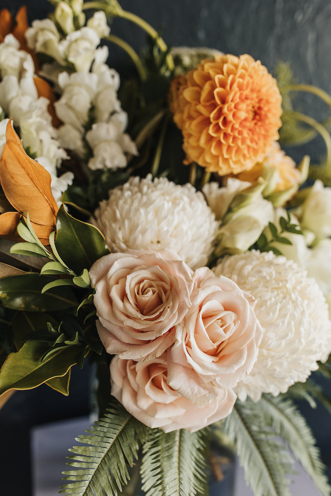 Close up of the roses and chrysanthemums