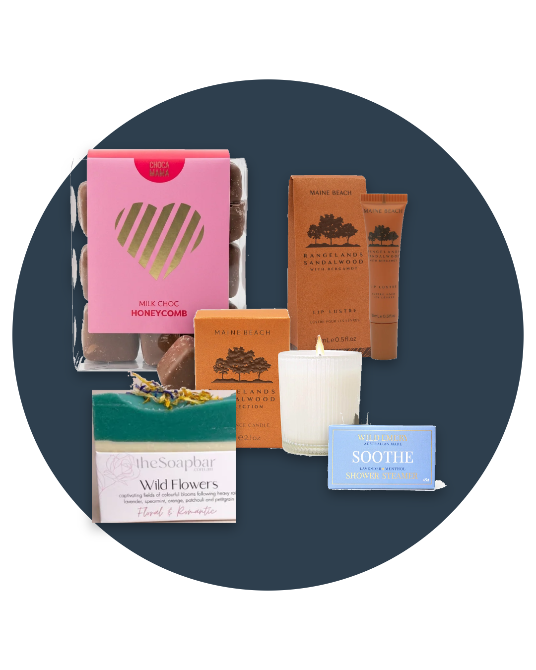 A Little More Love gift box: Maine Beach candle and Lip Lustre, chocolate honeycomb, handmade soap and shower steamer