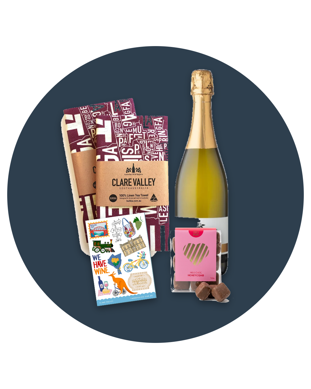A Taste of Clare gift box: Paulett Wines bottle, Clare Valley tea towel, sticker sheet and chocolate honeycomb