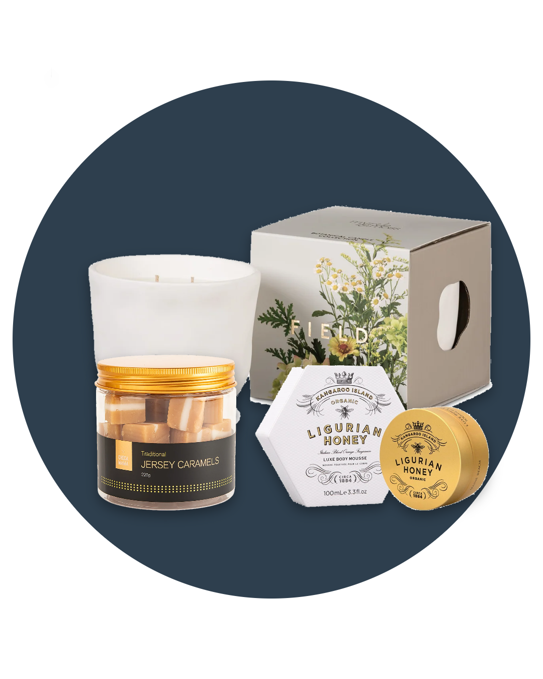 All My Love gift box: Myrtle & Moss botanical candle, Maine Beach body mousse and Jersey caramels