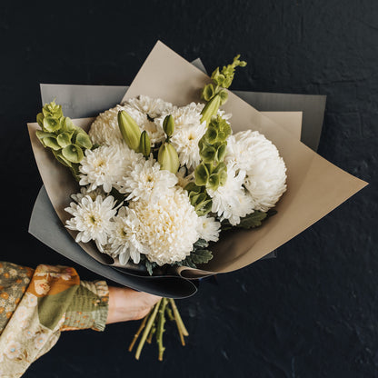 Clare Valley florist Bloom Bunch. Mix of fresh long lasting blooms in neutral tones, white and green.