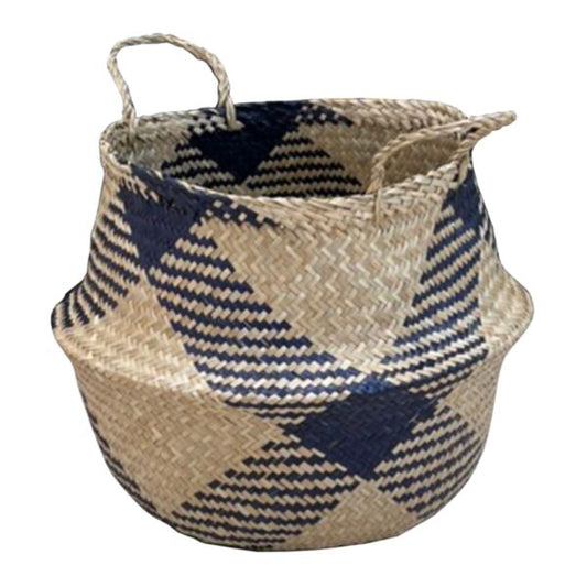 Folding Seagrass Basket | Dark Blue and Beige