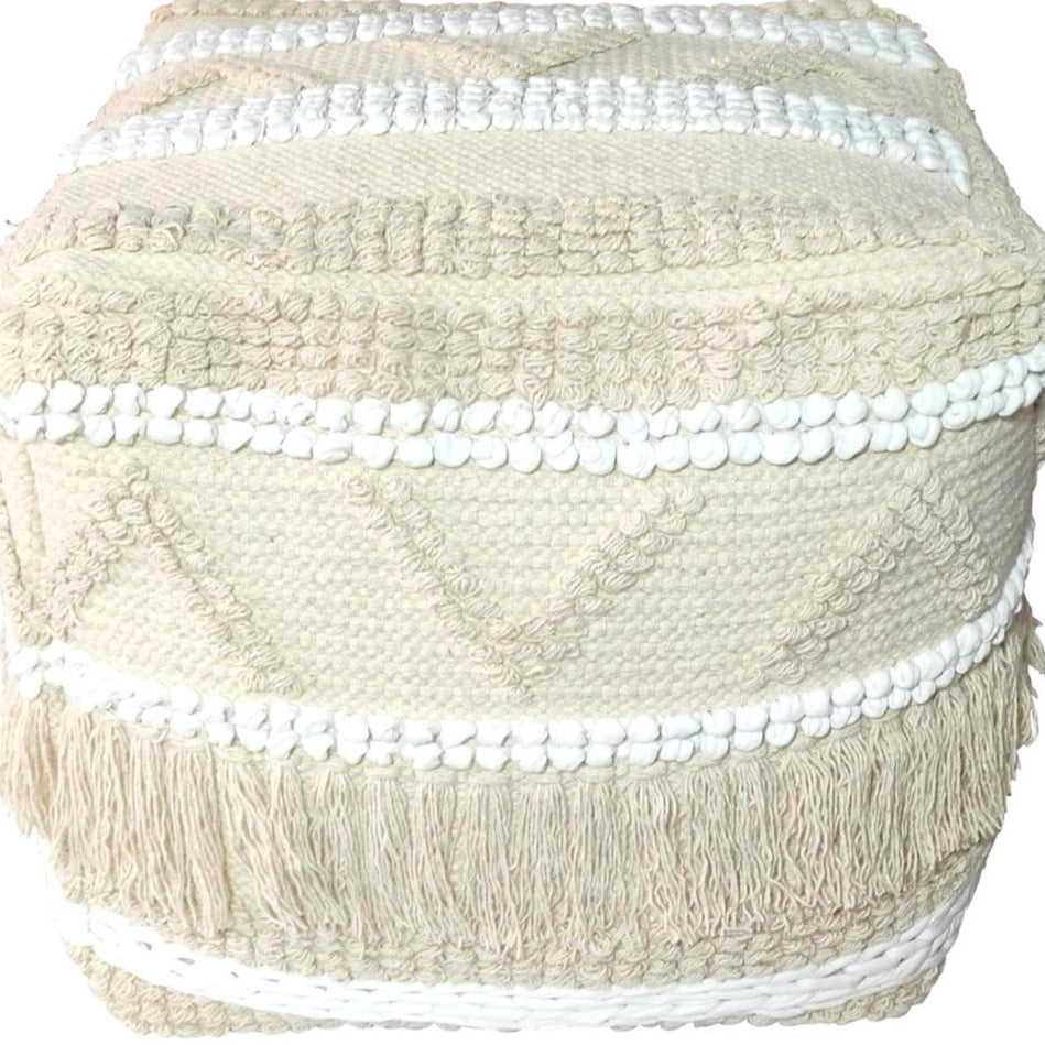 Cream Woven Floor Pouf with Tassels